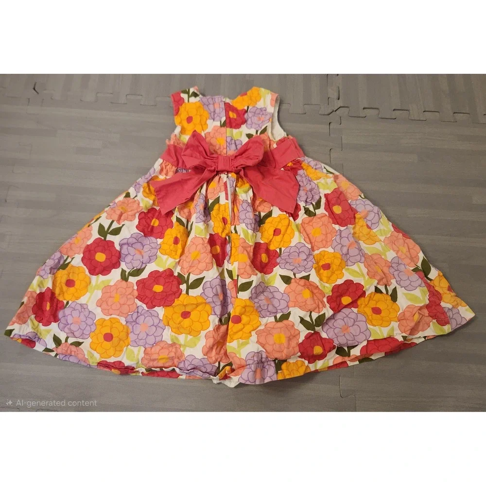 Gymboree Girls Floral Sleeveless Cotton Dress Pink Bow Size 4 Multi-Color
